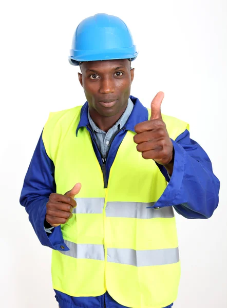 Pracownik budowlany Wyświetlono kciuk w — Zdjęcie stockowe