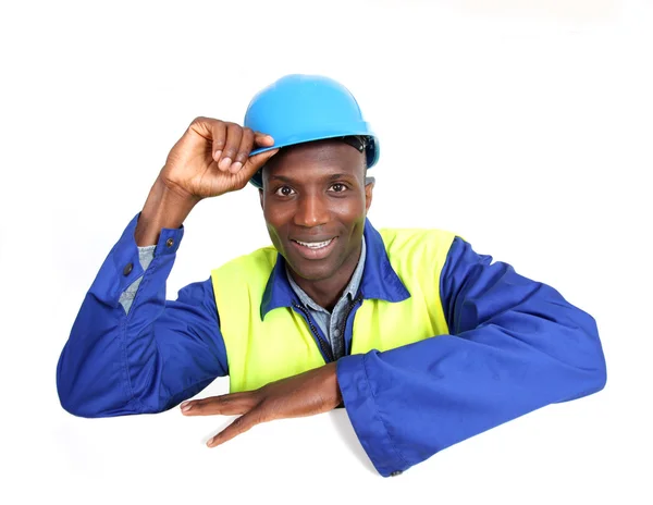Construction worker with whiteboard isolated — Stock Photo, Image