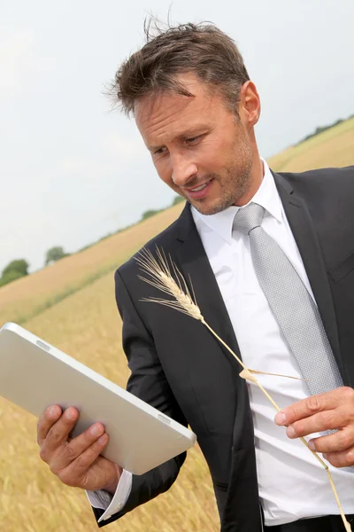 Businessman with electronic tablet standing in wheat field Royalty Free Stock Images