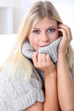 Beautiful blond woman realxing at home in winter clipart