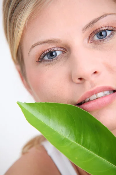 Closeup of beautiful woman holding green plant leaf — Stock Photo, Image