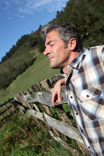 Portrait of handsome breeder leaning on fence — Stock Photo, Image