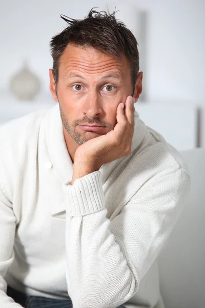 Closeup of hansdsome man with white sweater — Stock Photo, Image