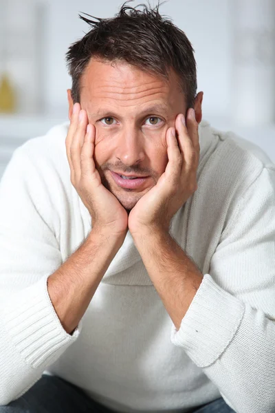 Closeup of hansdsome man with white sweater — Stock Photo, Image