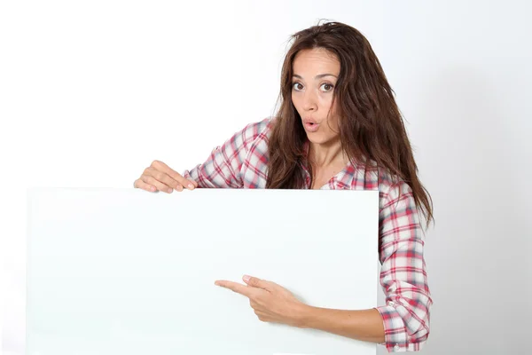 Woman showing white board — Stock Photo, Image