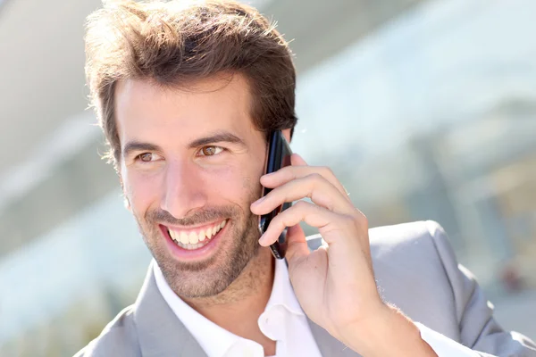 Retrato de empresário alegre falando no telefone celular — Fotografia de Stock