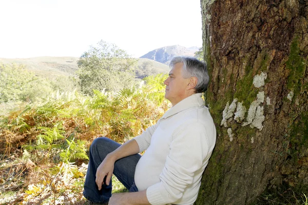 Senior mannen avkopplande natur, lutade againt träd — Stockfoto