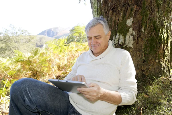 Hombre mayor inclinado againt árbol websurf en Internet con la tableta —  Fotos de Stock