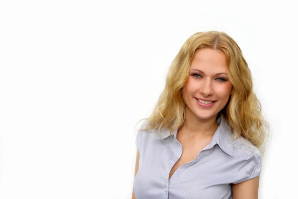 Portret van mooie blonde vrouw op witte achtergrond — Stockfoto