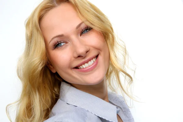 Portret van charmante blonde vrouw op witte achtergrond — Stockfoto