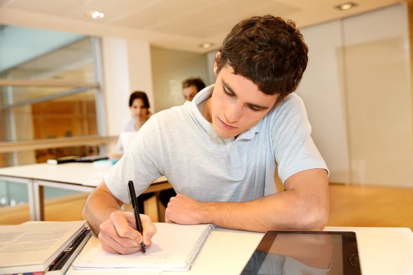 Porträtt av student boy skriver på anteckningsboken — Stockfoto