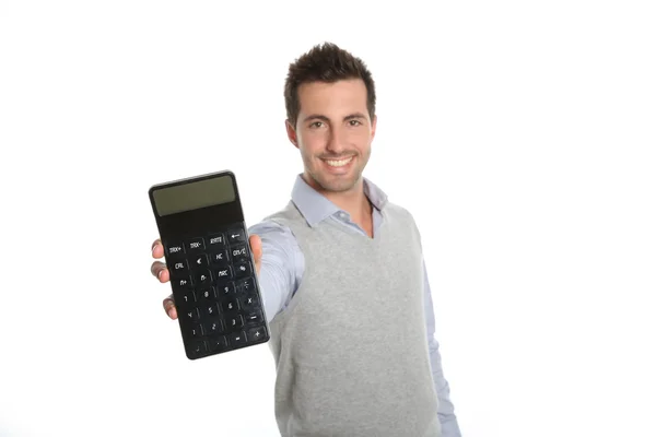 Guy showing good figures on calculator — Stock Photo, Image