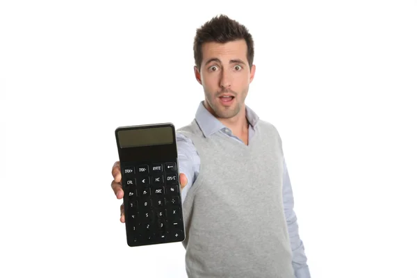 Hombre preocupado mostrando calculadora — Foto de Stock