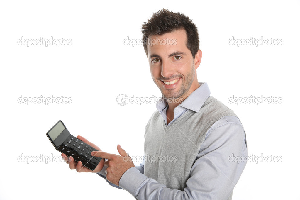 Guy showing good figures on calculator