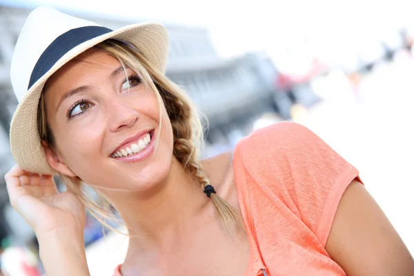 Beautiful blond girl with hat — Stock Photo, Image