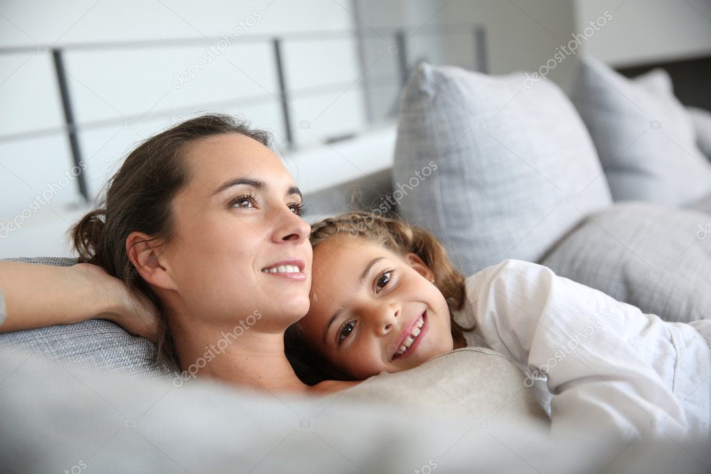 Mom and little girl relaxing