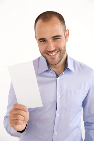 Hombre sosteniendo folleto — Foto de Stock