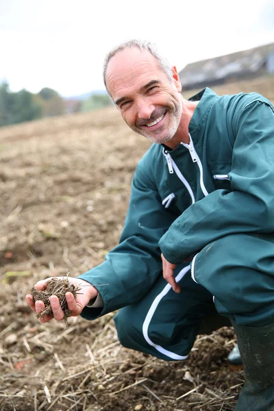 Agricoltore guardando alla qualità del suolo — Foto Stock