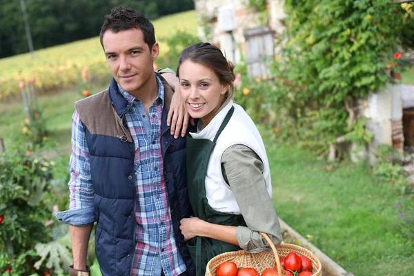 Pareja de pie en huerta — Foto de Stock