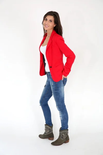 Vrouw met rood jasje — Stockfoto