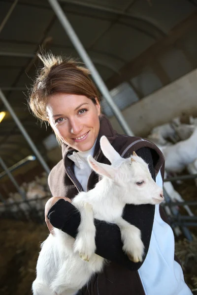 Woman carrying baby goat — Stock Photo, Image