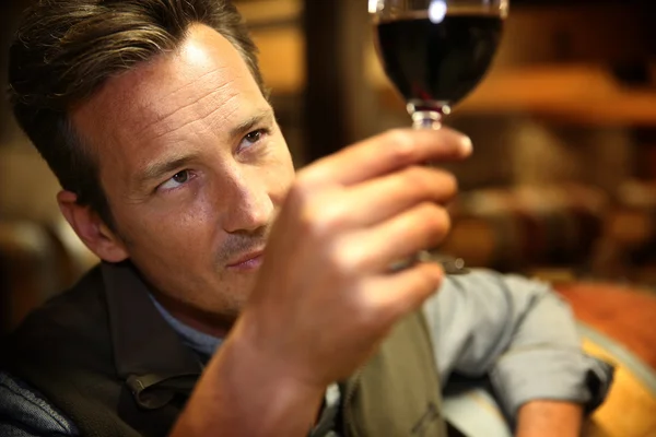Viticultor con copa de vino — Foto de Stock