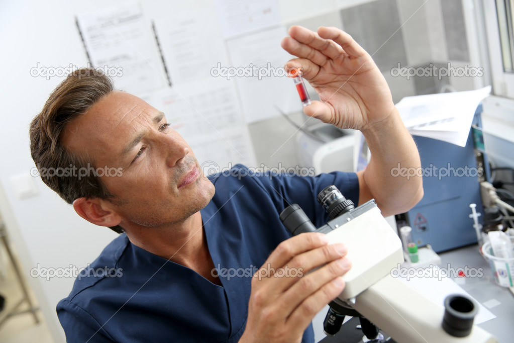 Checking on blood sample in laboratory