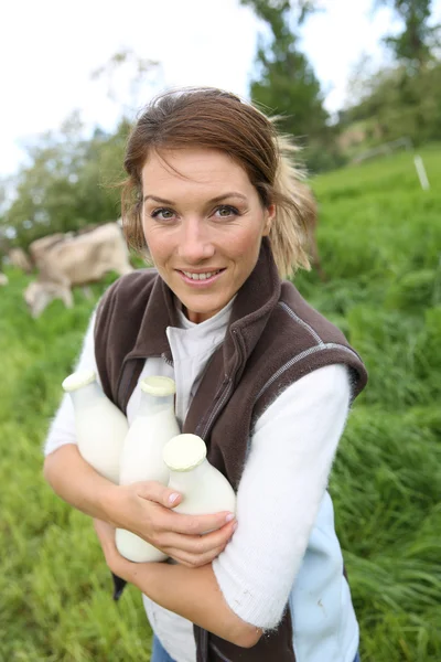 饲养员女人加牛奶 免版税图库照片