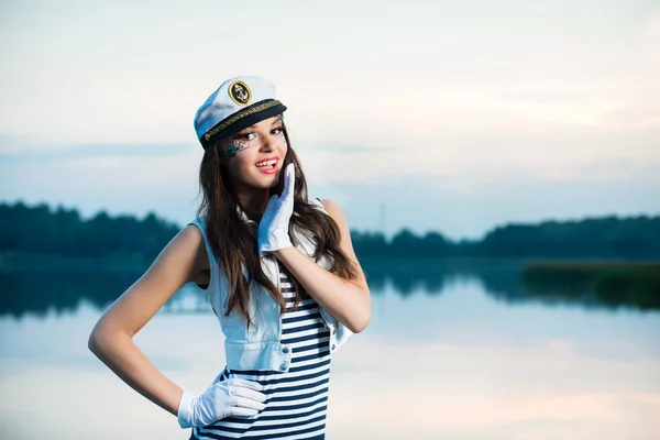 Young beautiful sailor woman surprised — Stock Photo, Image