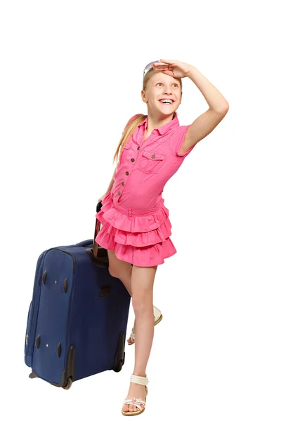 Smiling girl with suitcase and sunglasses — Stock Photo, Image