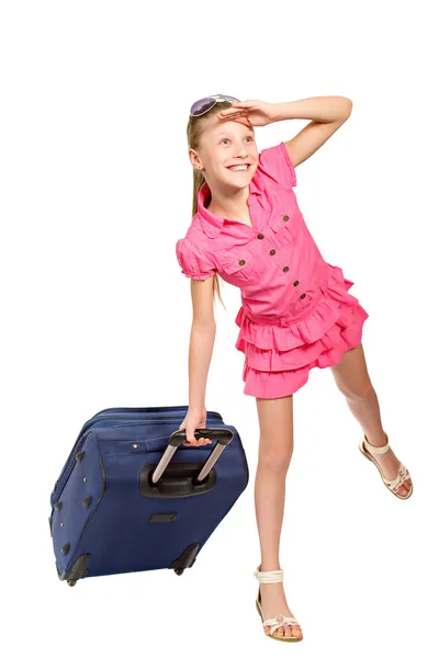 Smiling girl with suitcase and sunglasses — Stock Photo, Image