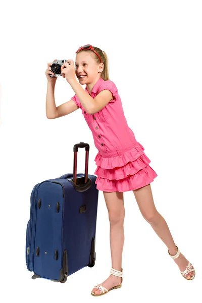 Κορίτσι με τη βαλίτσα και παλιές φωτογραφικές μηχανές στυλ — Φωτογραφία Αρχείου