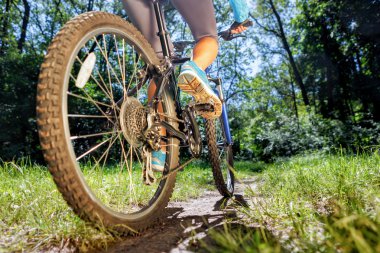 Young woman on mountain bike fast ride outdoors. clipart