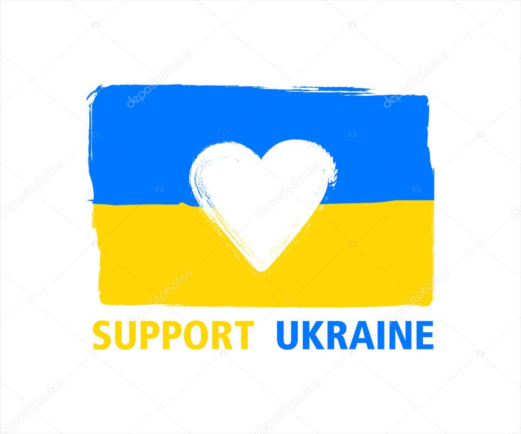 Ukrainian flag with heart shape inside it and support Ukraine sign. Vector illustrat