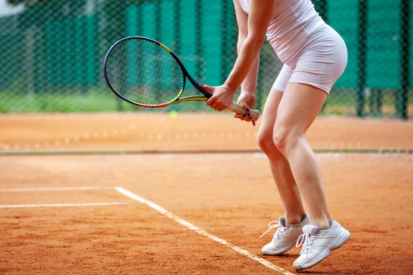 Milieu Joueuse Tennis Tenant Raquette Position Prête — Photo