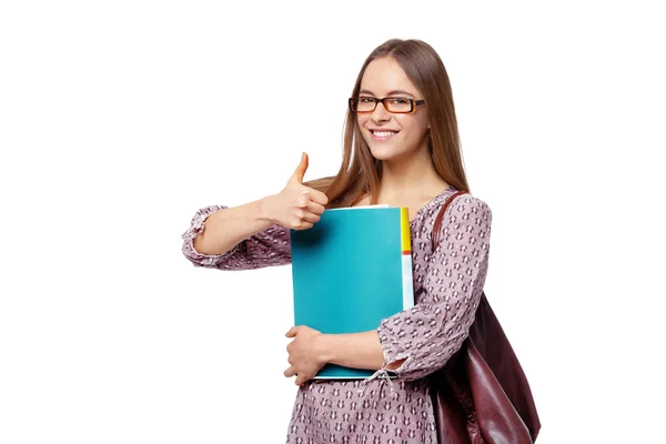 Beautiful Female Student Books Showing Thumb Isolated White Background — Stockfoto