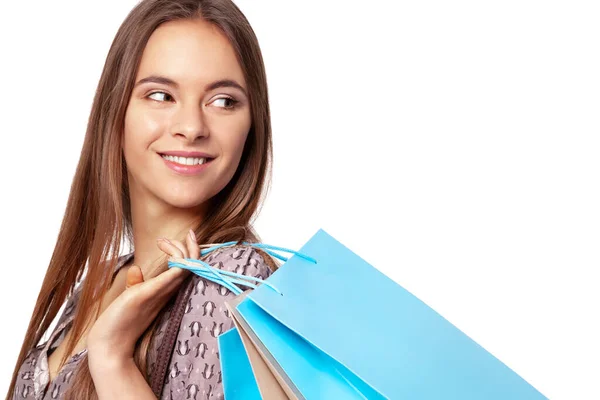 Portrait Beautiful Happy Woman Shopping Bags Looking Happy Isolated White — Stock fotografie