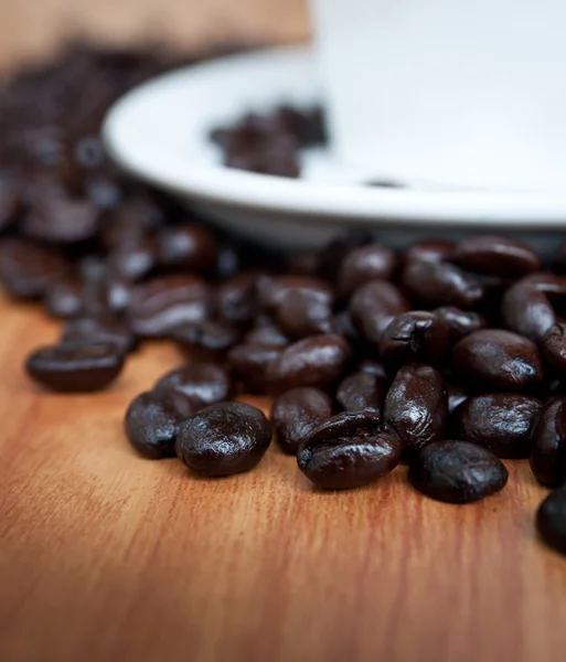 Kaffebönor med vit kaffekopp . — Stockfoto