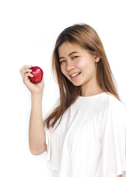 Jeune femme tenant pomme rouge  . — Photo
