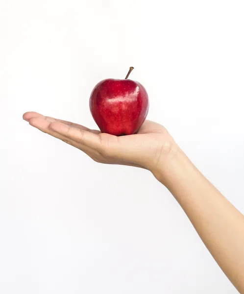 Red apple on lady hand. — Stock Photo, Image