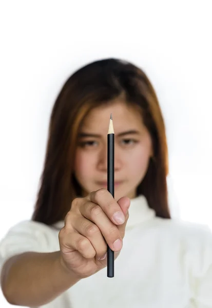 Ομορφιά ασιατικό κορίτσι κρατώντας ένα μαύρο μολύβι . — Φωτογραφία Αρχείου