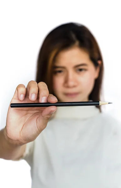 Beauty Asian Girl holding a black Pencil . — Stock Photo, Image