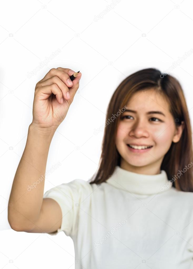 Beauty Asian Girl holding a black Pencil .