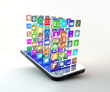 Mobile Phone with cloud of application icons clipart