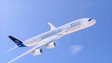 Hidrojen, havada uçan H2 uçağını doldurdu. Gelecekteki H2 enerji konsepti. 3d oluşturma
