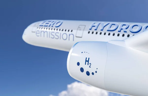 Wodór Wypełniony Samolot Latający Niebie Przyszła Koncepcja Energetyczna Renderowanie — Zdjęcie stockowe