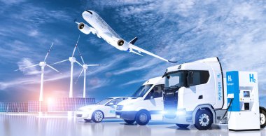 Benzin istasyonlarındaki hidrojen logosu. H2 yanmalı kamyon, emisyonsuz eko-dost taşımacılık için otomotiv motoru. 3d oluşturma