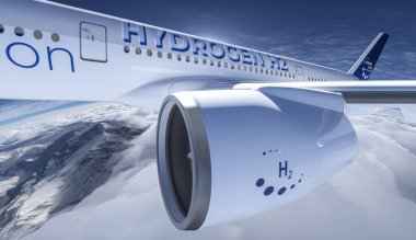 Hidrojen, havada uçan H2 uçağını doldurdu. Gelecekteki H2 enerji konsepti. 3d oluşturma