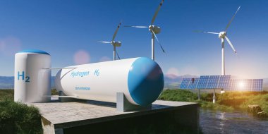 Hidrojen yenilenebilir enerji üretimi - temiz elektrik güneş ve rüzgar türbini tesisi için hidrojen gazı. 3d oluşturma.