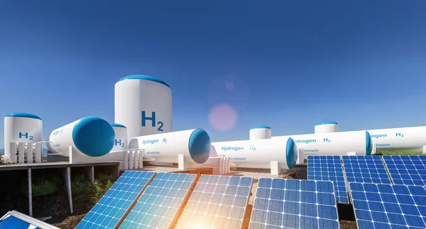 Wasserstoff Erneuerbare Energieerzeugung Wasserstoffgas Für Saubere Elektrizität Solar Und Windturbinenanlage — Stockfoto